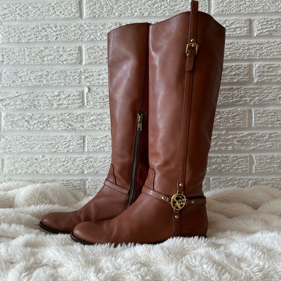 Coach Shoes - Coach Mulan Cognac Brown Leather KneeHigh Riding Boots/Gold Gold Accents/Emblem